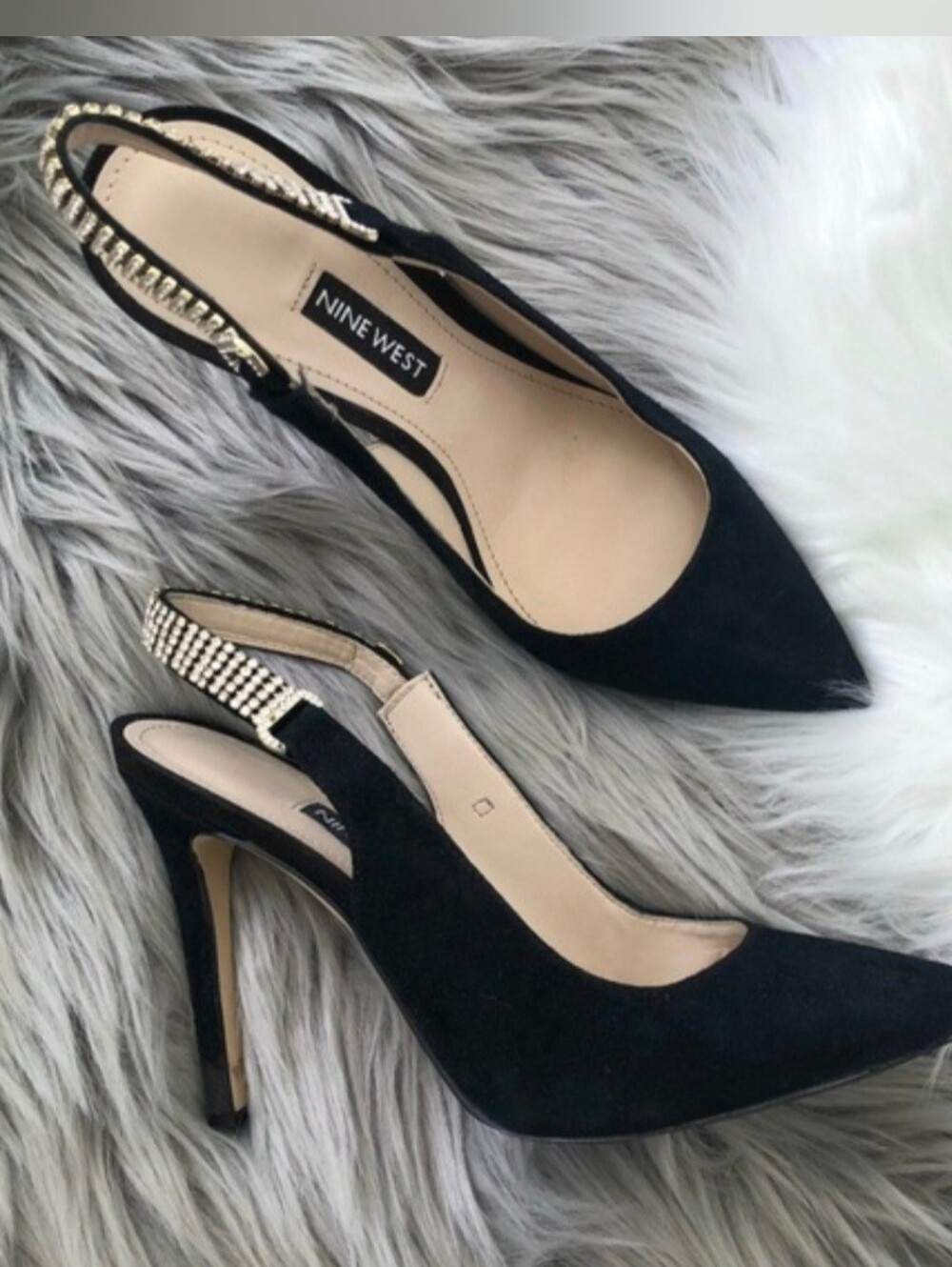 Nine West Shoes Tenza Black Suede Rhinestone Slingback Pumps Size 8.5